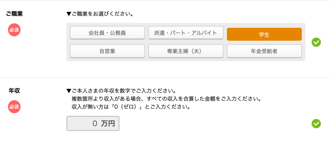 イオンカードは職業で学生を選択すると自動的に年収0円になる