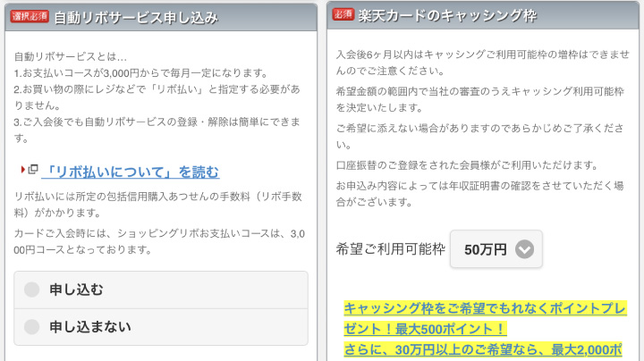 楽天カード申し込みフォーム:自動リボサービスとキャッシング枠の設定項目